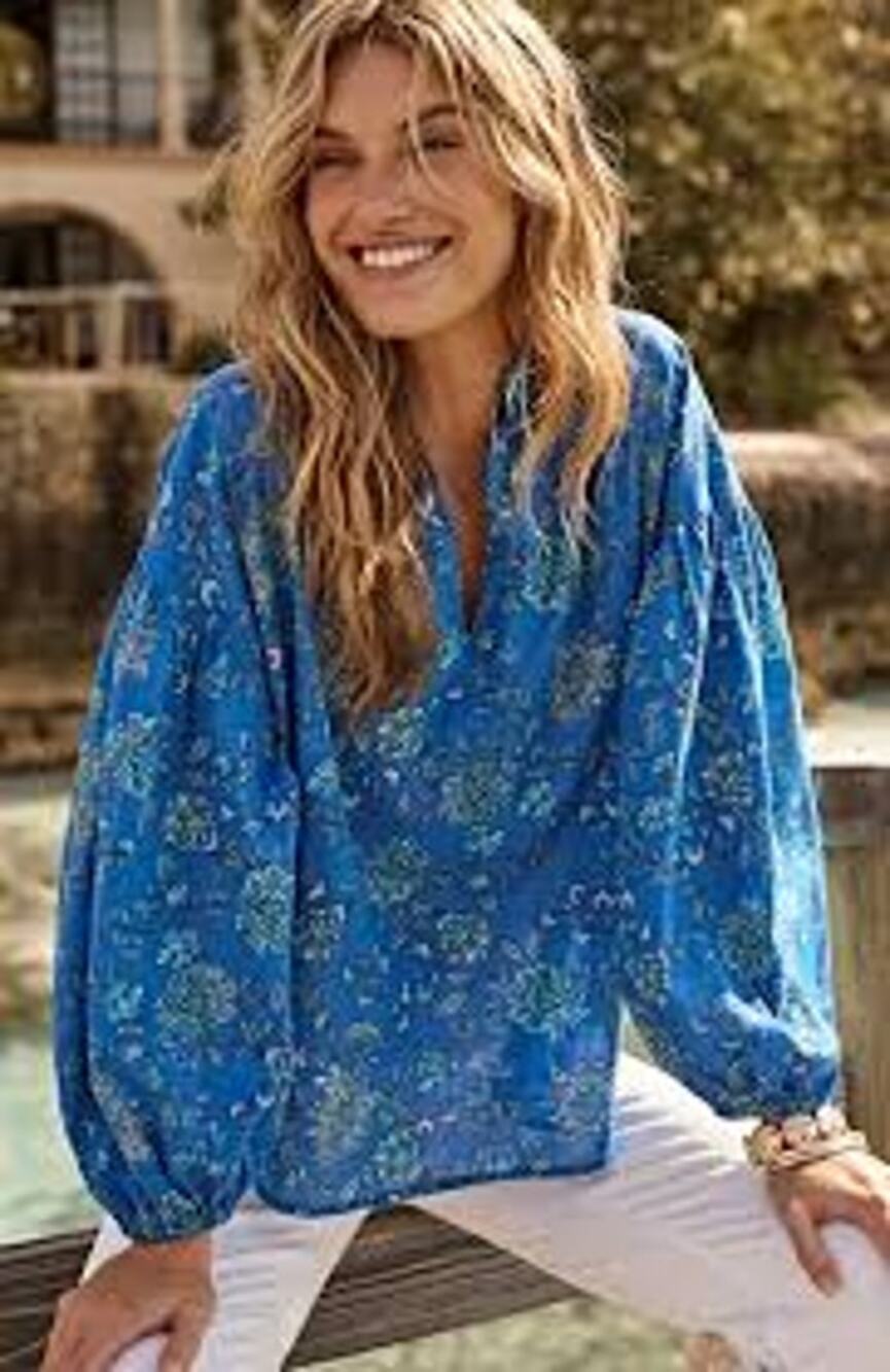 NWT J.Jill Blue Floral Oversized 100% Cotton V-Neck Boho Peasant Blouse sz Large